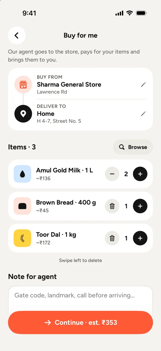 Buy for me: milk, bread and dal from Sharma General Store, to be delivered home, with an estimated total.